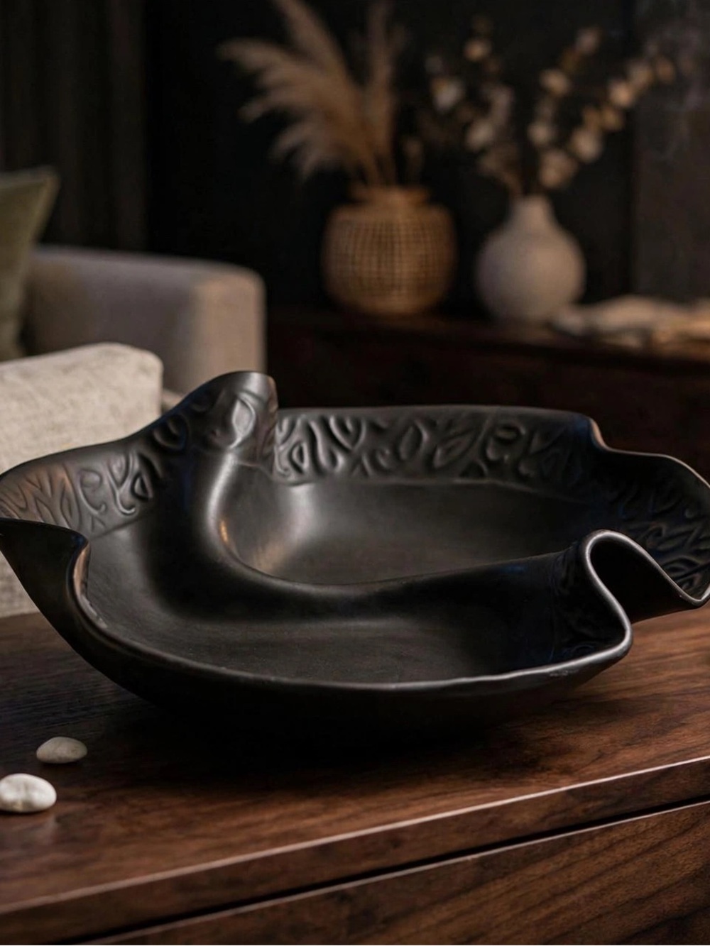 Hilborn Pottery Ebony Black Divided Yin Yang Serving Bowl 9" Studio Canada
